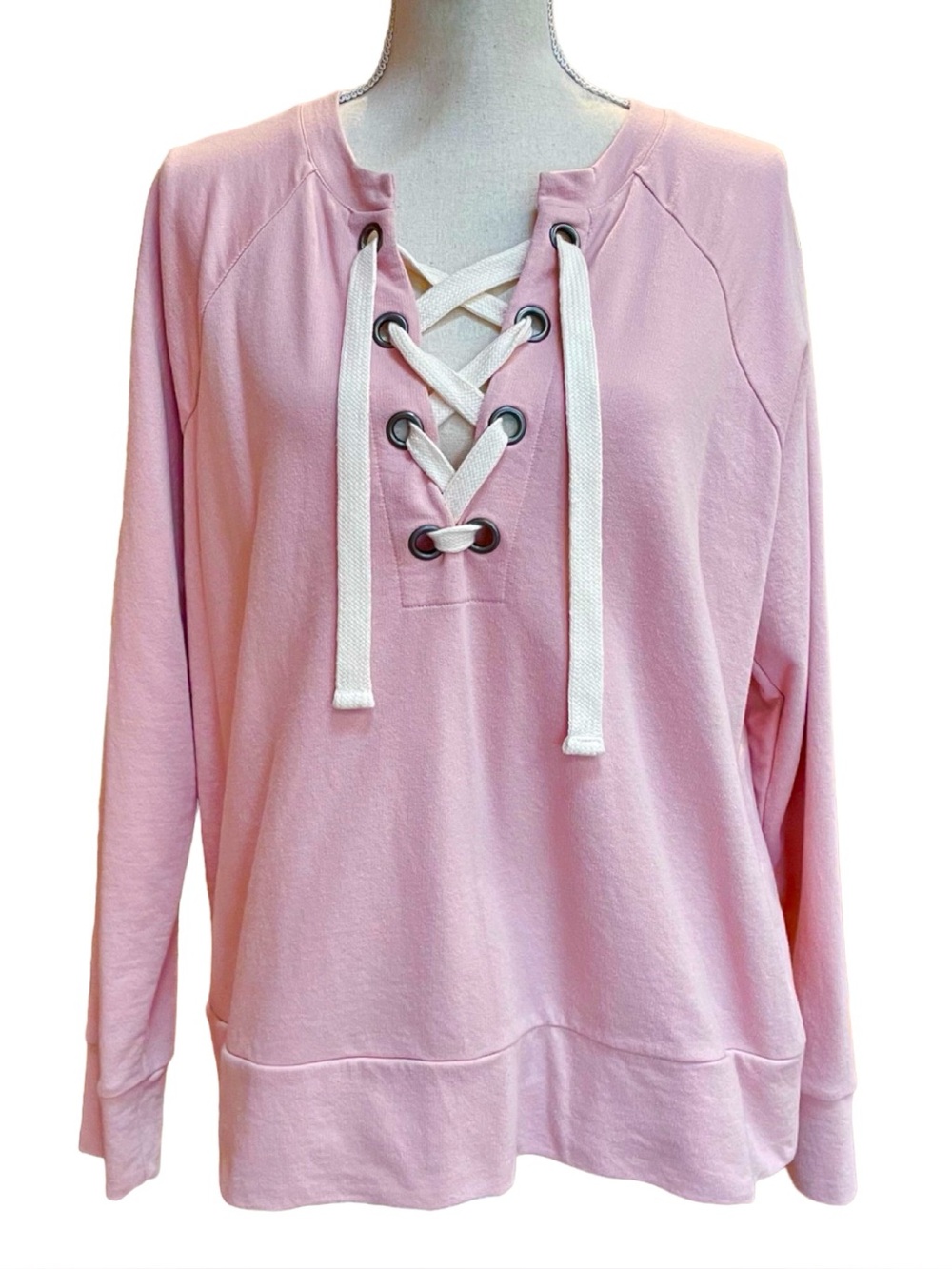 🫶 ANA V-neck Light Pink‎ Sweatshirt with Thick Football Ties Laces ~ Size Large